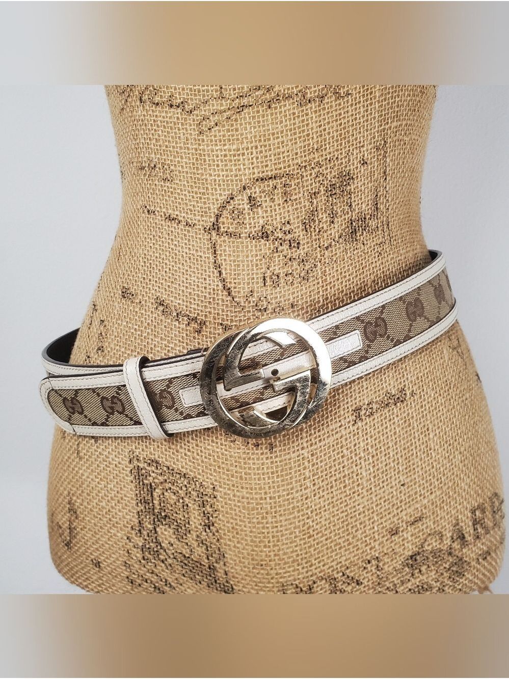 Gucci Cream Monogram Canvas Leather Interlocking G Belt 85 34